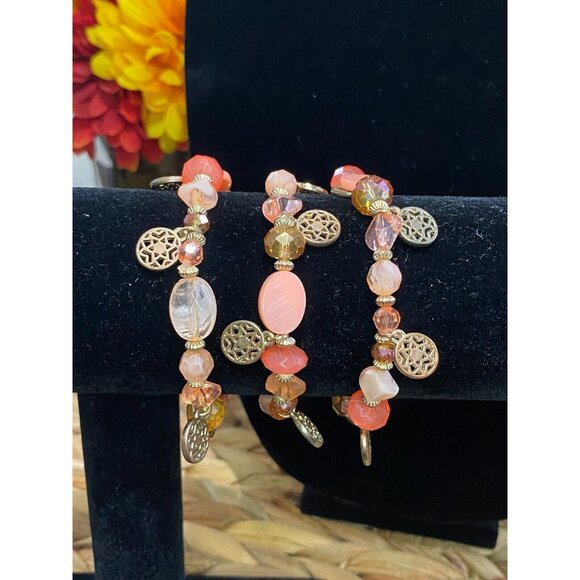 VINTAGE PEACH BRACELETS SET OF 3 Stretch Beaded Antique Pinkish Coral - Picture 2 of 4